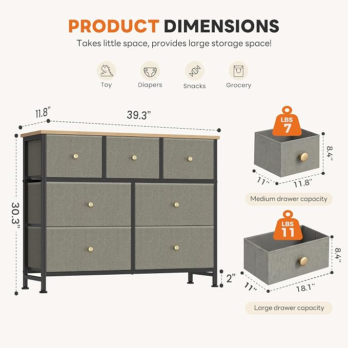Sweetcrispy 7 Drawer Dresser with Fabric Bins, Fabric Storage Tower Organizer for Bedroom, Closet, Hallway, Entryway, Tall Chest of Drawers with Steel Frame, Wood Top, Large Storage,Dark Green