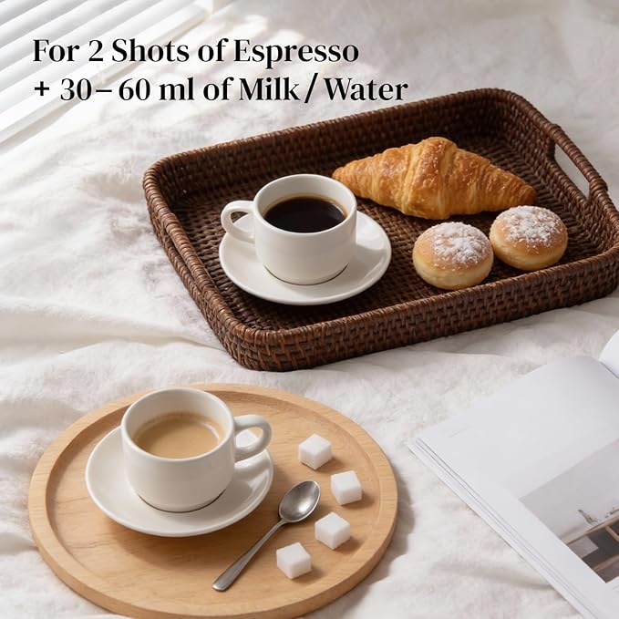 DOWAN 4 OZ Stackable Espresso Cups, Porcelain Coffee Cups with Saucers Set of 4, White Espresso and Tea Cups for Home, Office and Cafe Use