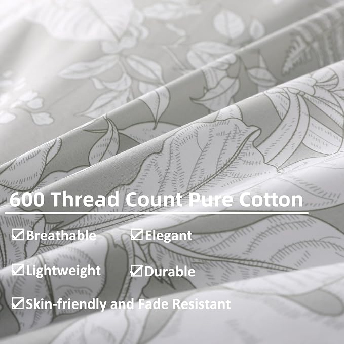 OAITE Duvet Cover Set Queen Size Floral Pattern 600 Thread Count Ultra Soft 100% Long Staple Cotton Duvet Cover Sets 3-PC, Breathable Duvet Cover with Zipper Closure & Corner Ties