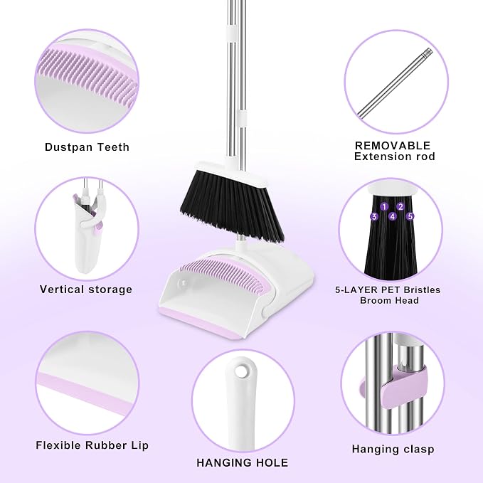 Broom with Dustpan Combo Set for Home, 52-in Long Adjustable Handle Angle Broom and Dustpan Set with Dustpan Comb Teeth for Sweeping Pet Hair Food Dirt Kitchen (White-Purple)