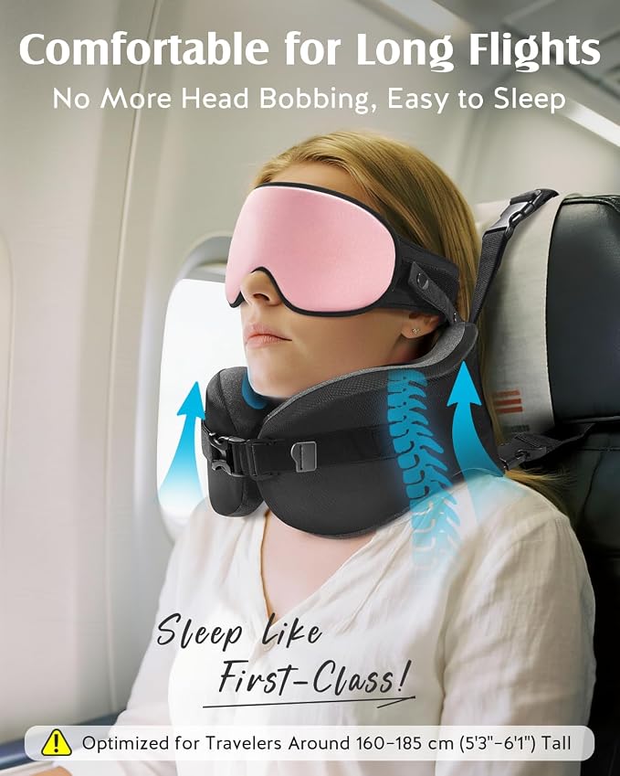 YFONG Travel Pillow for Long Flight Airplanes, Head Strap Combo with 3D Contoured Eye Mask for Sleep, Neck Pillow for Car Trip Essential, 360° Support Memory Foam Headrest, Prevent Head Bobbing, Pink