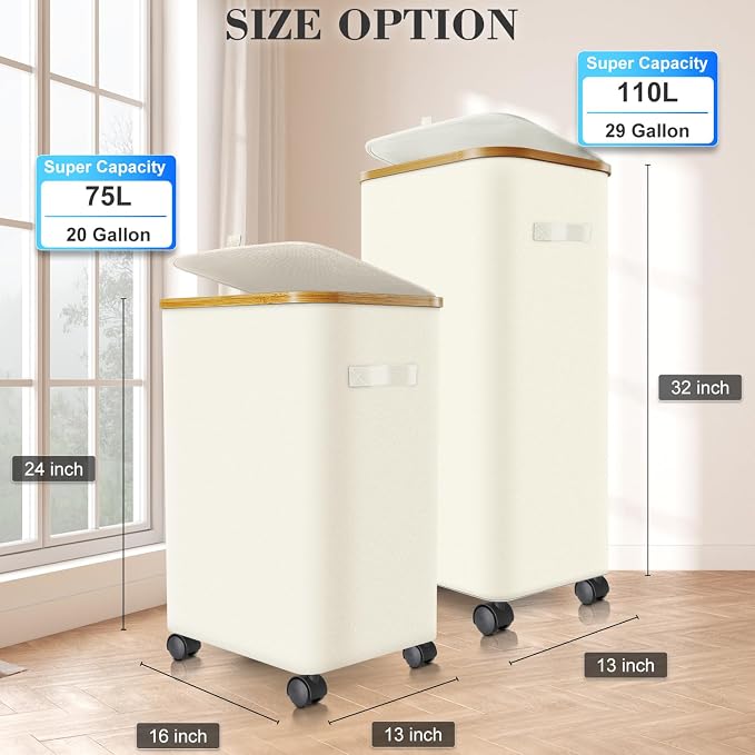 Laundry Hamper with Wheels,20 Gal (75L) Laundry Basket with lid Rolling Clothes Hamper Foldable Dirty Clothes Basket on wheels with Bamboo Frame and Bag for Bedroom, Dorm, Laundry Room-Off White