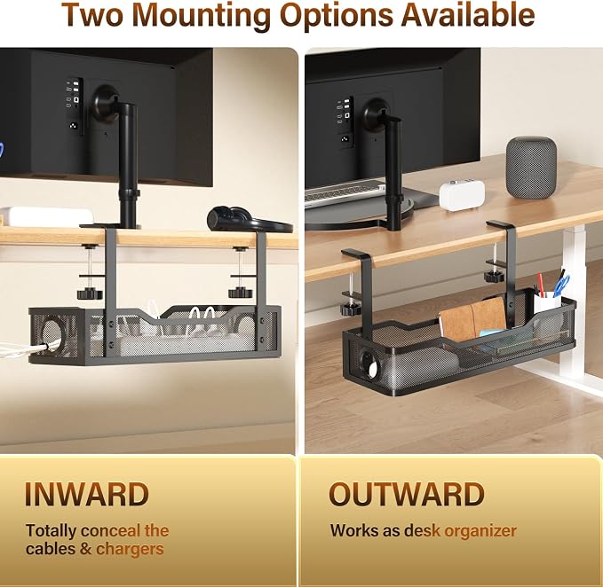 Under Desk Cable Management Large, Cinati 16" Cable Management Box for Table Thickness up to 3", Wire Cord Organizer with Clamp No Drill, No Damage to Desk (Black)