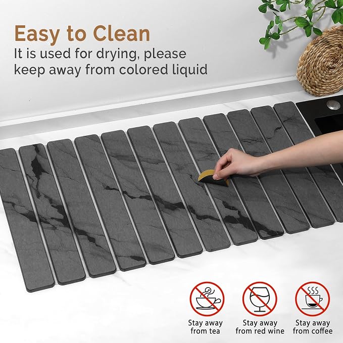 Extra Large Stone Dish Drying Mat for Kitchen Counter, Quick Dry Stone Dishes Mats, Foldable Water Absorbing Diatomaceous Drying Pad for Countertop Bottles Utensils Cups Bathroom(Dark Gray 32"×16"）