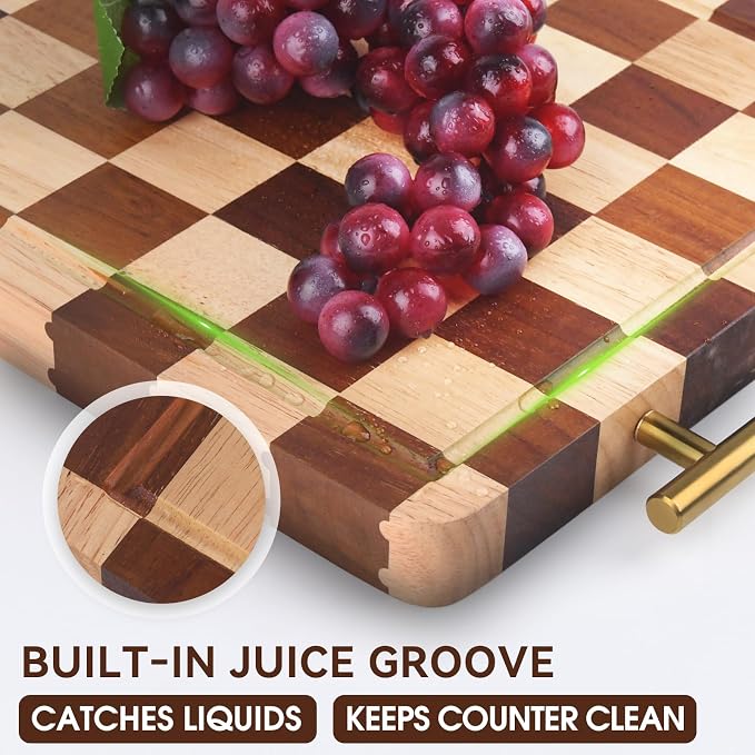 Checkered Cutting Board for Kitchen – 13.7"x9.8"x1.18" Rubber Wood Butcher Block with Juice Groove & Steel Handle, Heavy Duty Non-Slip Chopping Board for Charcuterie, Housewarming Gift