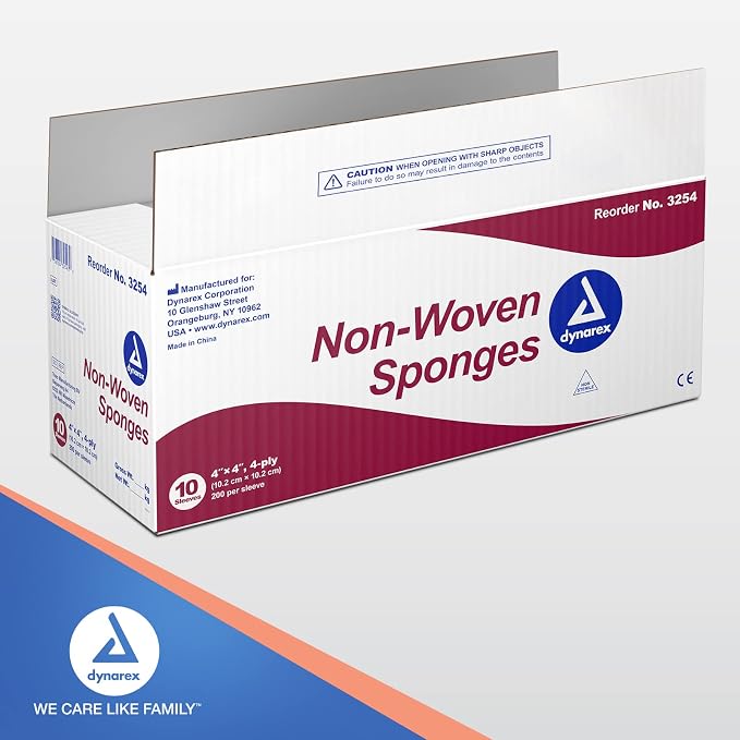 Dynarex Non-Woven Sponges, Non-Sterile, Gauze Sponges, Highly-Absorbent and with Less Linting, 4"x 4", 4 Ply, 1 Case of 2000 (10 Boxes of 200) [Packaging May Vary]