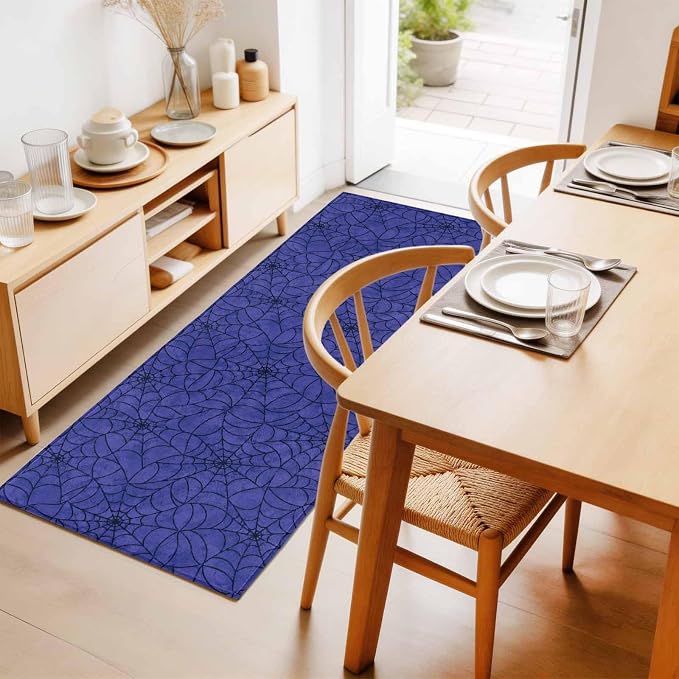 Hallway Runner Rug 2'x6', Navy Blue Halloween Washable Bathroom Area Rugs for Kitchen Bedroom Laundry, Black Spiders Net Classic Gingham Non Slip Door Mat Indoor Entrance Floor Throw Bedsides Carpet
