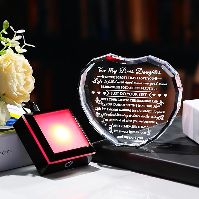 YWHL Meaningful Daughter Gifts from Mom Dad, Birthday Gifts for Adult Daughter Heart Crystal Keepsake with Colorful Light Base, to My Daughters Present on Christmas Graduation Valentine Day