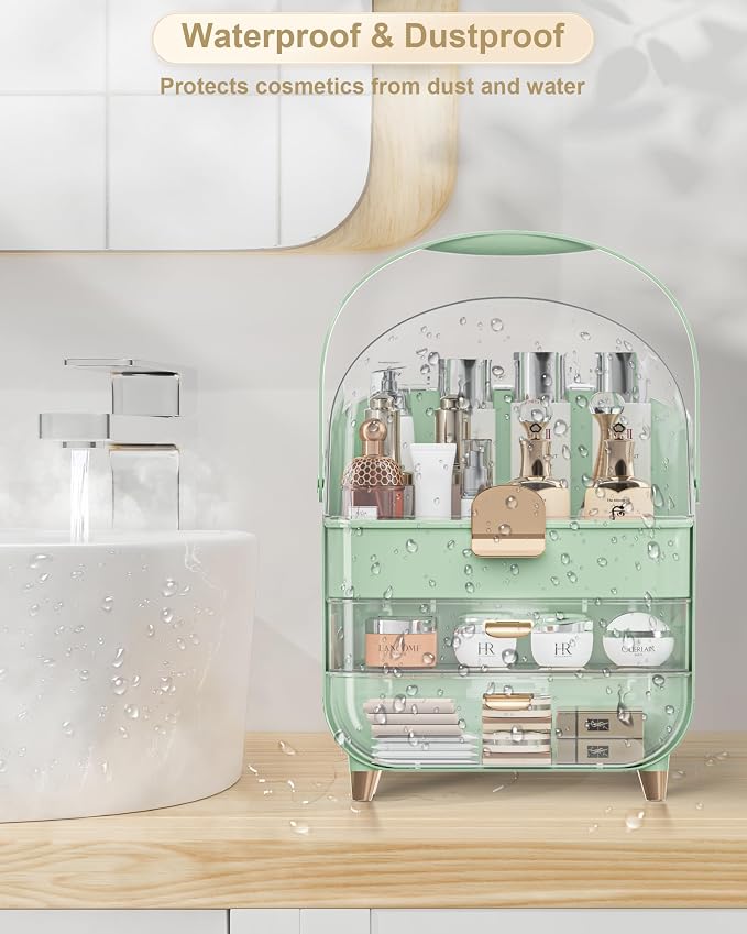 Makeup Organizer Countertop, Skincare Holder Bathroom Counter Organizer, Storage Box Cosmetic Display Cases, Teen Girl Gifts Make up Organizers (Green/Lipstick)
