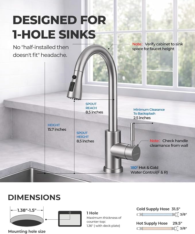 WEWE Pull-Down Kitchen Sink Faucet, 3-Mode Spray, 1-Hole, Brushed Nickel | Stream & Spray & Pause Modes, 20" Pull Down Hose, SUS304 Stainless Steel, 500k Cycle Ceramic Cartridge, Tool-Free Twist-Lock