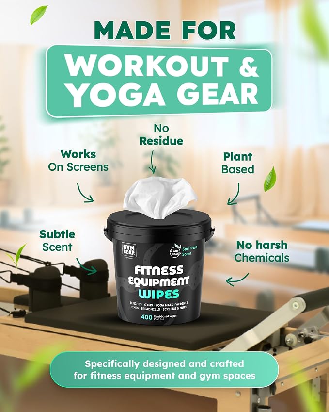 Gym & Yoga Mat Cleaner Wipes, Plant Based - 500 Gym Equipment Wipes to Clean Exercise Equipment, Treadmill, Peloton Bikes - Gym Supplies, Yoga Supplier, Cleaning Wipes for Home & Gym - Spa Fresh Scent