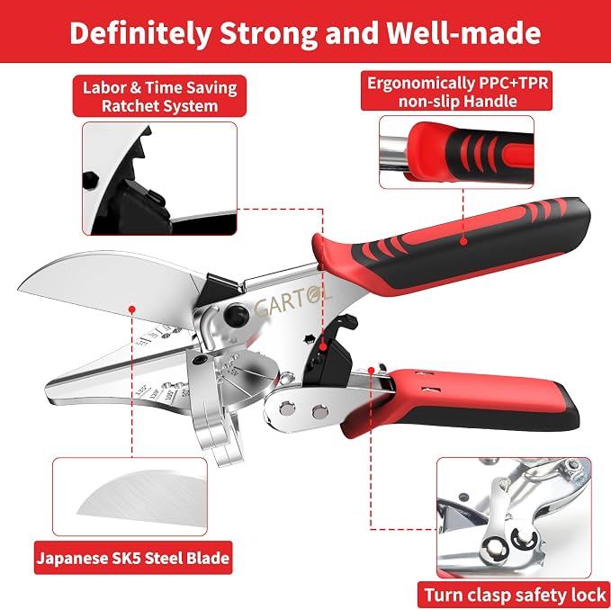 GARTOL Ratchet Miter Shears, 45-135 Degree Adjustable Multi-Angle Cutter for Molding & Trim, Effortless Ratchet System for Quarter Round, Shoe Mold, PVC & Soft Wood, Includes Spare SK5 Blade