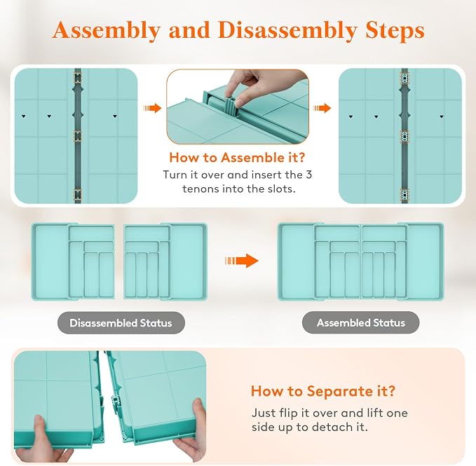 Lifewit Silverware Drawer Organizer, Expandable BPA Free Plastic Utensil Tray for Kitchen, Adjustable Flatware Cutlery Holder for Spoons Forks Knives, 21.3- 36 x 16.9", Turquoise