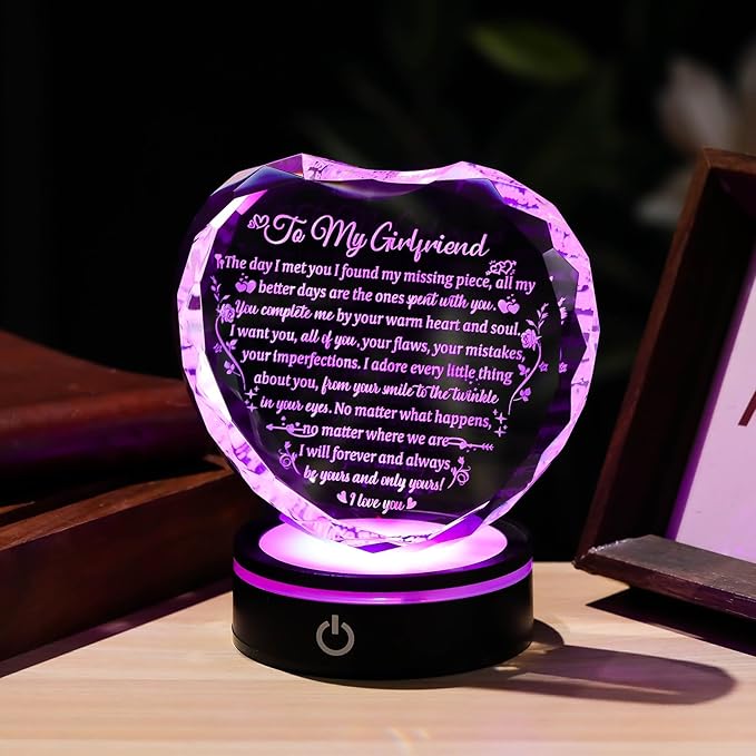Crystal Heart Gifts for Girlfriend from Boyfriend with Colorful LED Base, Personalized Gift for Her Who Has Everything on Birthday Valentine's Day, Romantic Anniversary Christmas Gift Ideas to My Girl