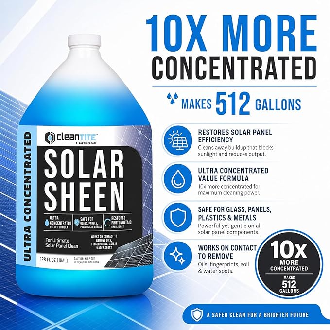 Solar Panel Cleaner 1 Gallon (Makes 512 G) - Super Concentrated Cleaning Solution for Glass, Metal, Wood & Plastic - Remove Oil, Fingerprint & Water Spots - Multipurpose Solar Panel Cleaning