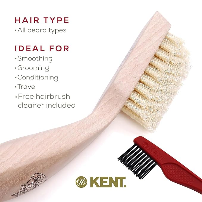 Kent BRD2 Boar Bristle Beard Brush for Men - Specially Cut Natural White Boar Bristle for Flawless Shaping and Grooming, Ergonomic Pistol-Like Grip Wood Handle, Dry or Wet Beard, Distributes Oils