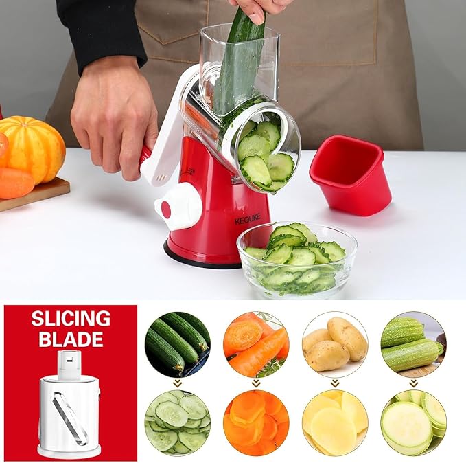 Cambom Rotary Cheese Grater Hand Crank Cheese Shredder for Fresh Cheese, Vegetable, Nuts,Non-slip Suction Base，Three Blades,Red