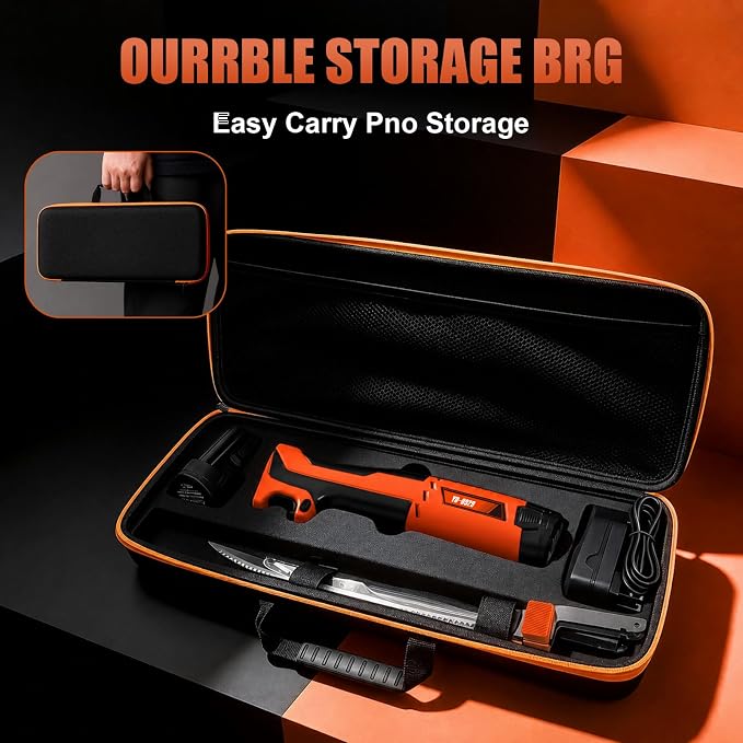 12V Cordless Electric Fillet Knife, 8" Flexible & 10" Rigid Blades, 2x 1500mAh Batteries, 1.5H Fast Charger, Safety Lock, Non-Slip Handle, Carry Case for Outdoor Fishing Filleting,Orange