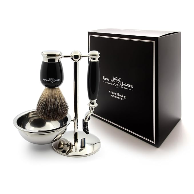 Edwin Jagger S81M586BAMZ Imitation Ebony & Nickel Classic Shaving Set with Pure Badger Shaving Brush, Mach 3 Razor and Shaving Bowl for Shaving Cream or Soap for Men and Women