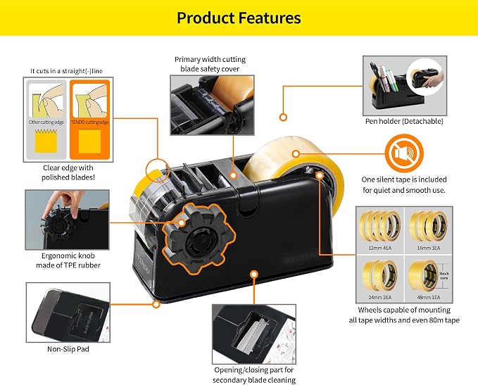 [TENDO°] TENDO Multi-Section Tape Dispenser, Custom Width Tape Cutter with 4 Cutting Sections, Built-in Safety Blade, Ergonomic Grip for Packing and Office Use, ZO-508(Black)