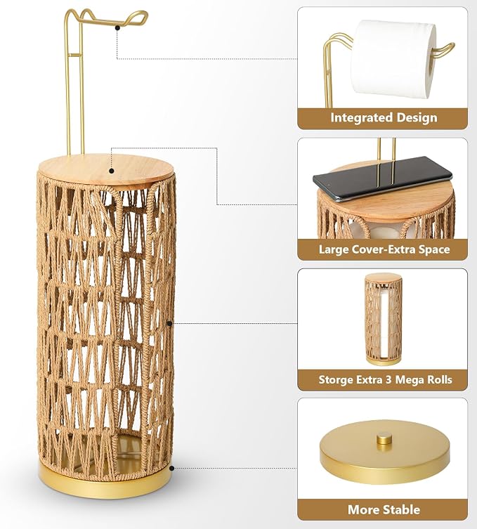 Trongee Freestanding Toilet Paper Holder with Storage,Goldn Handmade Woven Toilet Paper Roll Holder Stand,3 Rolls of Tissue Holder for Bathroom,Rattan Sturdy Boho Bathroom Toilet Paper Storage
