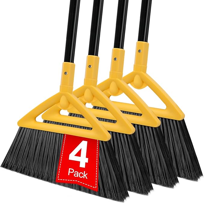 Heavy Duty Angle Broom 4 Pack - Yellow Broom for Outdoor & Indoor, Garage, Driveway, Sidewalk, Kitchen & More, Long Handle