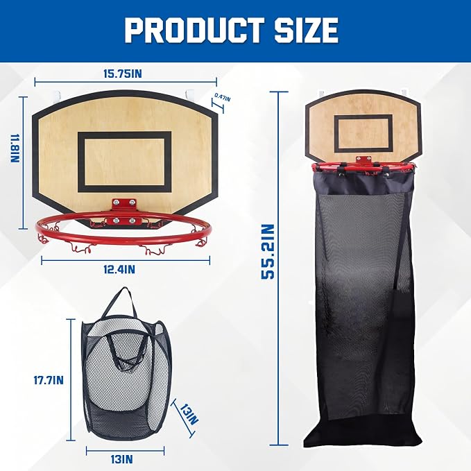 Basketball Laundry Hamper, Over The Door Hoop with Laundry Basket, Sports-Themed Hamper Organizer Set with Backboard, Ball, Net, Air Pump & Hooks for Bedroom or Bathroom