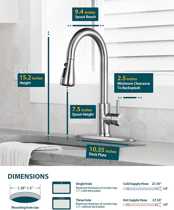 Hiqufet Kitchen Faucet, Pull Down Sprayer, Brushed Nickel, Deck Plate | Easy Install, 360 Swivel, 3 Spray Modes, High Arc Spout, SUS304 Stainless Steel, Fits RV/Laundry/Bar Sinks