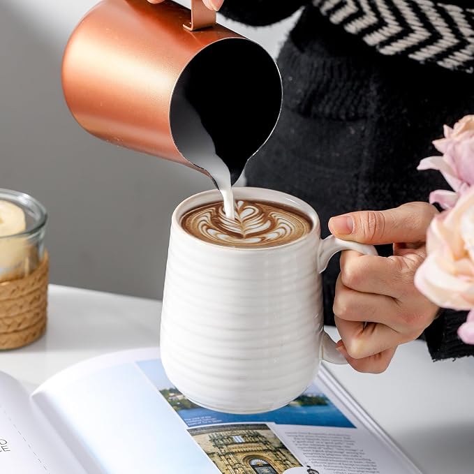 HASENSE Coffee Mugs Set of 6, 15 oz Ceramic Coffee Cups, Clay-Infused White | Porccelain Stoneware Large Handle Home Office Women Men Dad Mom Thanksgiving Gift Latte Hot Cocoa Dishwasher Microwave Safe