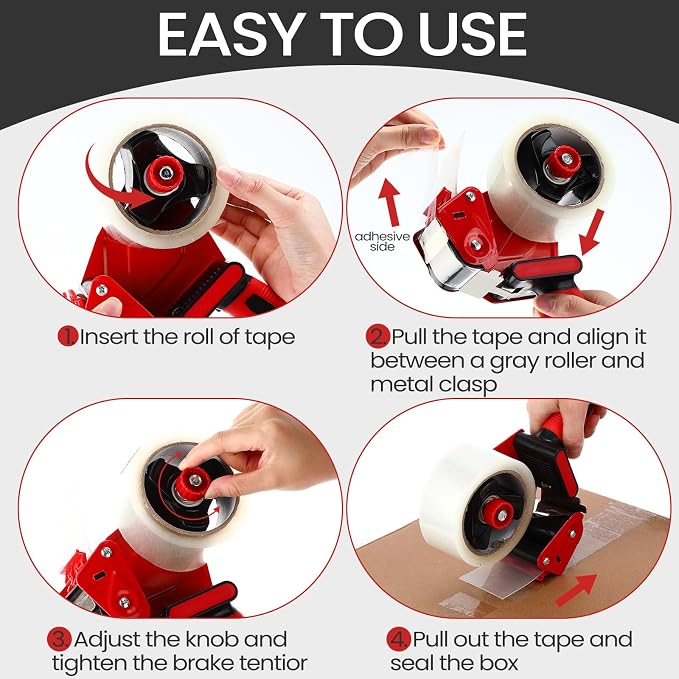 Dunzoom 2 Pack Packing Tape Dispenser Gun with 12 Roll Packing Tape 2 Inch Gun 2.7 Mil Heavy Duty Packaging for Shipping, Moving, Carton and Box Sealing(Black and Red)