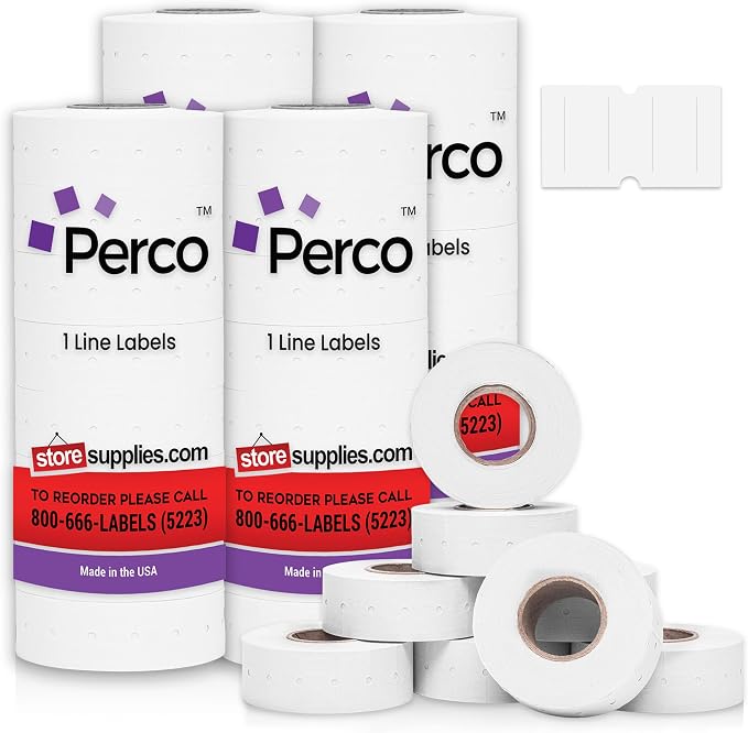 Perco 1 Line White Labels - 32,000 Blank Price and Date Gun Labels for Perco Lite, X, Plus and Pro 1 Line Price and Date Guns- 32 Rolls, 4 Sleeves - Made in USA