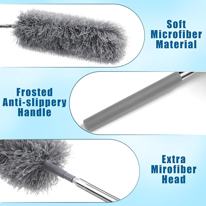 Tanlade 1 Pcs Microfiber Feather Duster for Cleaning 13-31 Inch Extendable Cobweb Dusters Ceiling Fan Duster Washable Bendable Tool for Office Car Window Furniture (Gray)