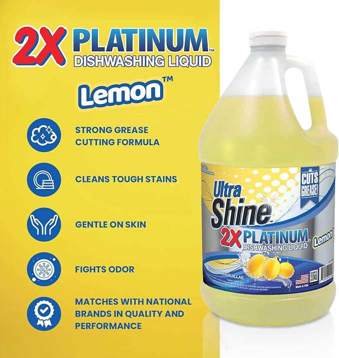 Ultra Shine™ 4 Pack 2X Platinum™ Dish Cleaning Liquid, Lemon Scent, 1 Gallon, Yellow - Powerful Grease Remover Dishwashing Soap