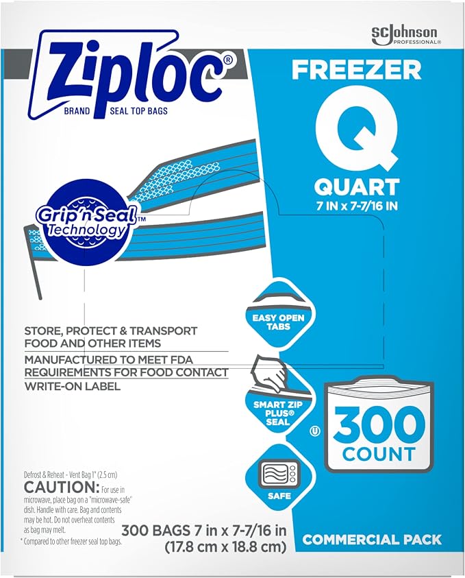 Ziploc Freezer Bags, For Food Organization and Storage, Double Zipper, Quart, 300 Count (Pack of 8, 2400 Count Total)