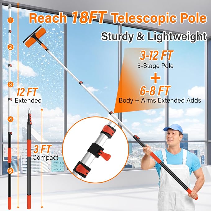 18FT High Reach Duster Cleaning Kit with 3-12 FT Extension Pole | High Ceiling Dusting and Window Cleaning Kit with Microfiber Feather Duster,Cobweb Duster,Ceiling Fan Duster,Window Squeegee