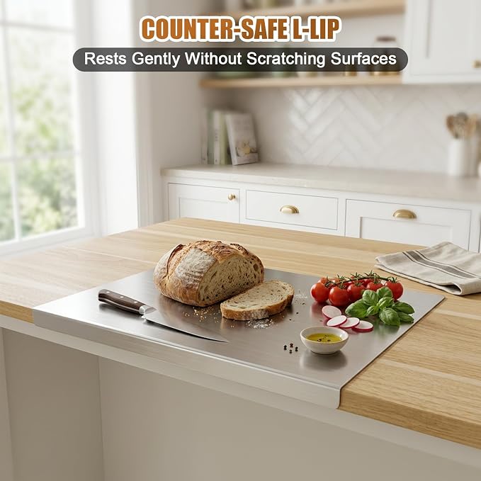 Stainless Steel Cutting Board with Lip, Non Toxic Kitchen Countertop Stainless Steel Cutting Board, Dishwasher Safe Metal Chopping Board for Meat, Fruits, Vegetables, Baking (40 x 30cm/15.7 x 11.8 in)