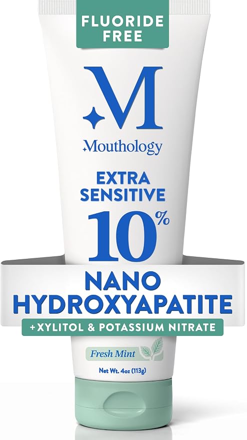 Mouthology Extra Sensitive Hydroxyapatite Toothpaste w/Potassium Nitrate | Extra sensitive relief with potassium nitrate + 10% nano hydroxyapatite. Fluoride free, SLS free, remineralizing. USA made.