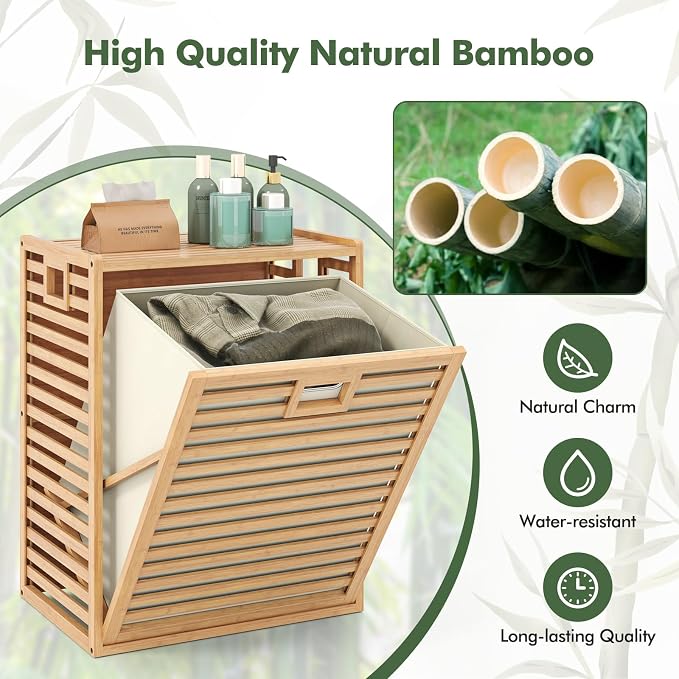 Giantex Bamboo Tilt Out Laundry Hamper with Removable & Foldable Fabric Bin | Laundry Storage Cabinet, Laundry Basket Organizer for Bathroom, Laundry Room, Living Room, Bedroom, Natural