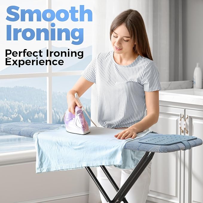 KINGBOARD Ironing Board, Compact Iron Board with Silicon Iron Mat, Heat Resistant Cover, 7 Height Adjustable, Foldable Ironing Board Wall Mount Hanger, 13x43 Blue