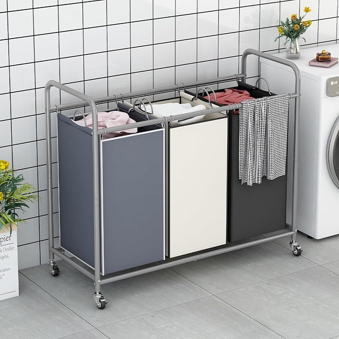 LINZINAR 3 Bags Laundry Hamper Assorted Laundry Basket 135L Laundry Sorter | Laundry Room Organization with Heavy Duty Rolling Lockable Wheels and Removable Bag, Bedroom Laundry Cart for Clothes Storage