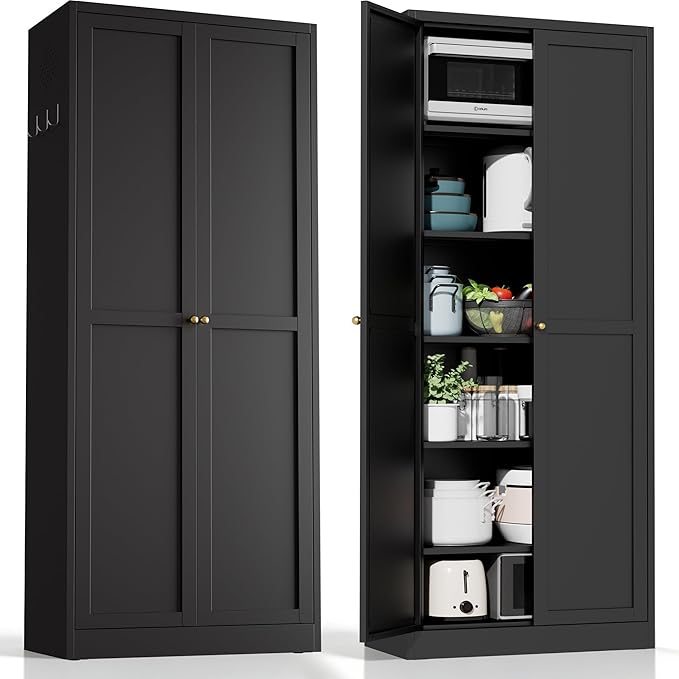 AQY Metal Pantry Cabinet, 72" Black Kitchen Storage Cabinet with Doors | 5 Adjustable Shelves Freestanding Storage Metal Cabinet Kitchen & Living Room Organization