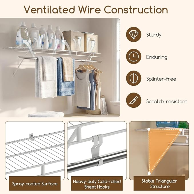 COSTWAY Closet Shelves Wall Mounted, Ventilated Shelf with Hanging Rod | Metal Wire Shelving Kit, Wire Wall Shelf for Laundry Room, Bedroom, Home, Mounting Accessories Included (3, 4 ft x 12 in)