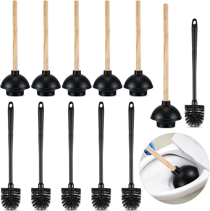 Sawysine 12 Pcs Commercial Toilet Plunger and Brush Set 6 Pack 18" Rubber Plunger with Double Thrust Force Suction Cup Handle and 6 Pack 16.54" Toilet Bowl Brush Bulk for Store Restaurant (Wood)