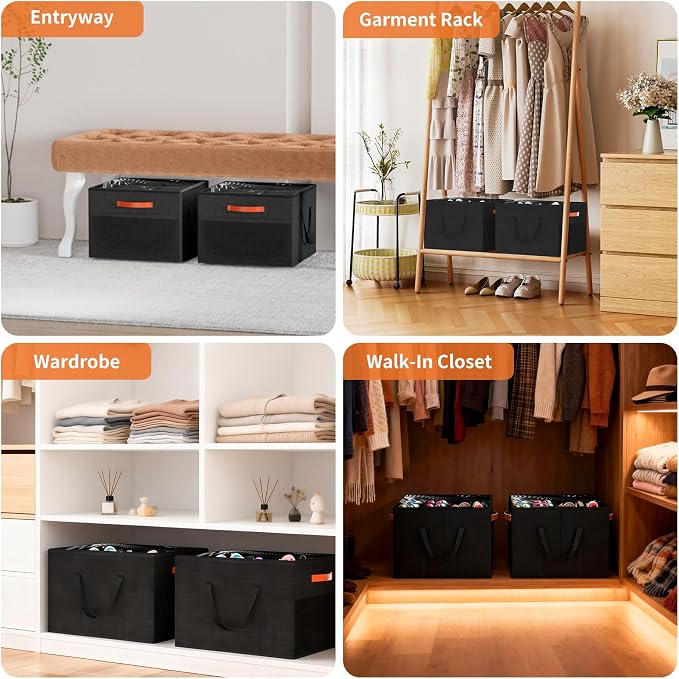Aokeyee 2 Pack Shoe Organizer for Closet, Stackable Shoe Storage Box, Black | Fits up to 32 Pairs, Space Saving, Foldable, Shoes Organizer Bin with Clear Cover, 4 Reinforced Handles