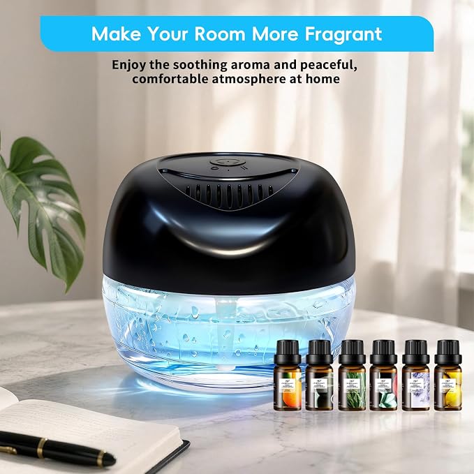 Water Based Air Purifier with Essential Oil Diffuser Pack, Air Washer with 7 Color LED Night Light, Air Revitalizer Includes 6x10ml Essential Oil Aroma Diffuser for Home, Office, Pet