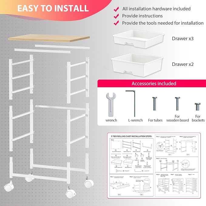 Goovilla Rolling Cart with 5 Drawers for Craft, Art, Dorm, Office, White | Utility Cart Organizer With 5 Removable Drawers and Wooden Tabletop, Lockable Rolling Storage Organizer for Classroom, Home