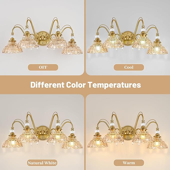 Vintage Bathroom Vanity Light, 4-Light Brushed Gold Finish Wall Sconce with Hanging Crystal Accents and Flower-Shaped Amber Glass Shades, Retro Wall Mount Vanity Light Over Mirror for Bathroom