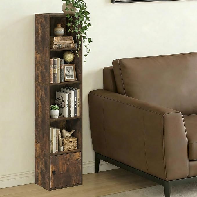 Furinno LUDER Book Shelf, 5-Tier Bookshelf with Open Shelf, Standing Bookcase with 1 Door Cabinet, 9.3 x 12 x 52, for Organization and Storage, for Living Room, Bedroom, Home Office, Amber Pine
