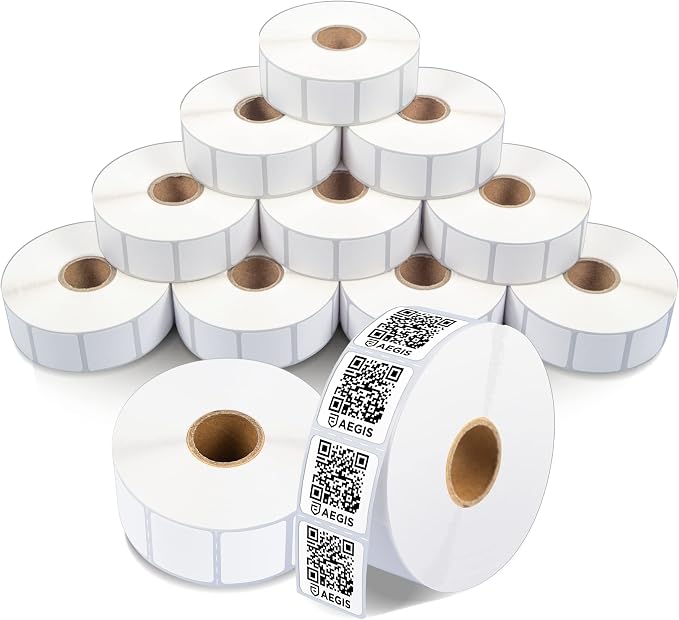 Aegis Adhesives - 1" X 1" Square Direct Thermal Labels (16500 Count, 12 Rolls) - QR Code Stickers, Price Tags, Barcode Labels for Inventory - Compatible with Zebra Printers, NOT Rollo Compatible