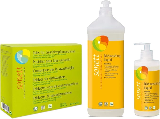 Sonett Organic Calendula Dishwashing Liquid Soap (34 and 10 fl oz) and Dishwasher Tablets (17 fl oz) Set of 3